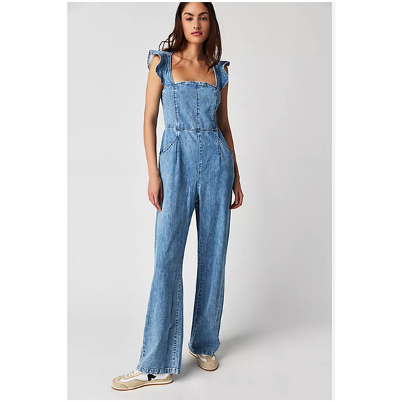 Free People Love Bite jumpsuit Medium Denim Ruffles NEW